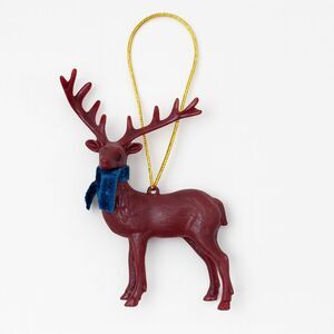 Burgundy Plastic Reindeer Christmas Tree Ornament Gift Tag Blue Velvet Scarf NEW